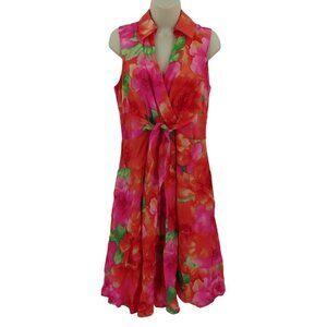 Jones New York Women 6 Orange Pink Floral Flower Collar Sleeveless Linen Dress